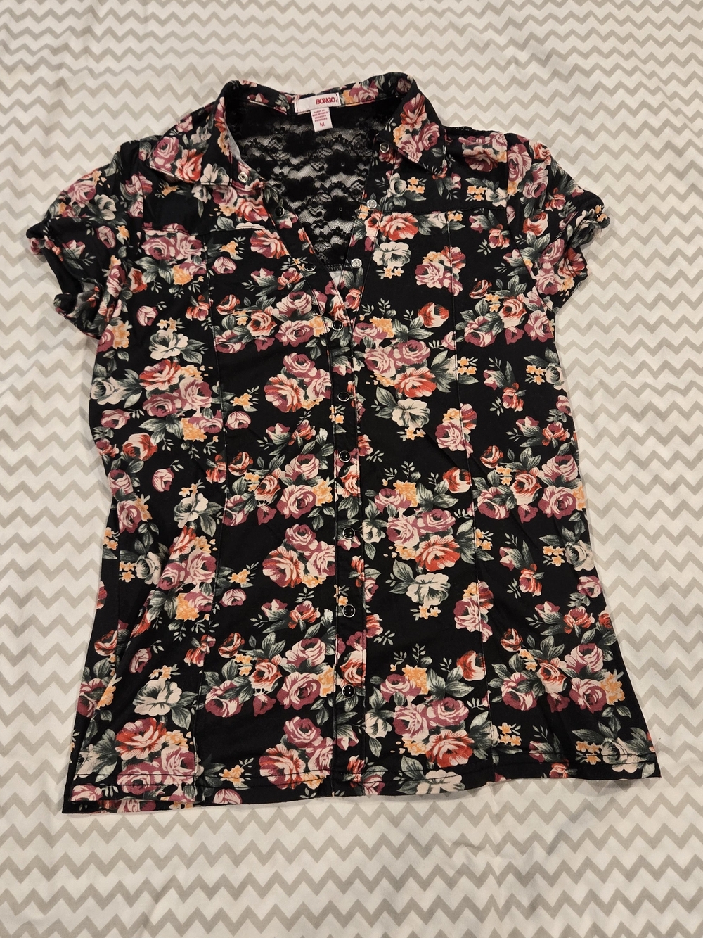 BONGO Black Floral Quarter-Button Short Sleeve Top